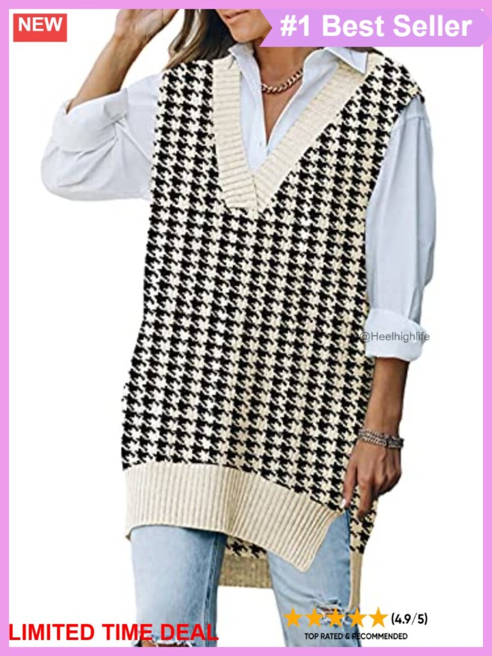 Oversized Knit Sweater Vest Tunic Sleeveless V-Neck Pullover Top